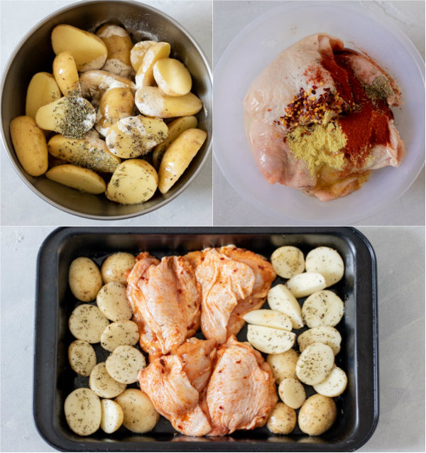 the process of making one sheet pan chicken thighs and potatoes.