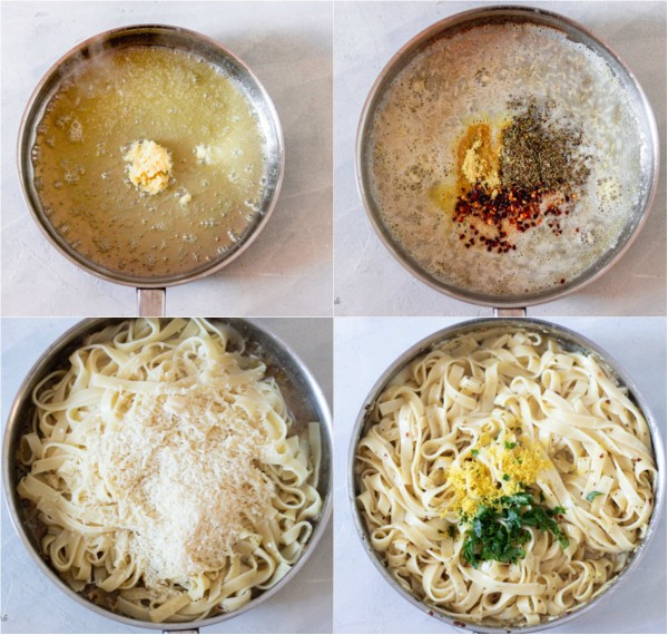process shot of how to make lemon garlic pasta.