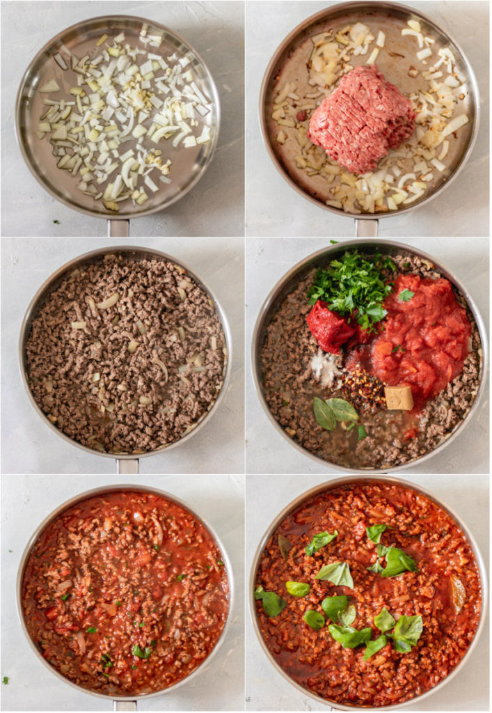 process shot of how to make quick spaghetti bolognese.