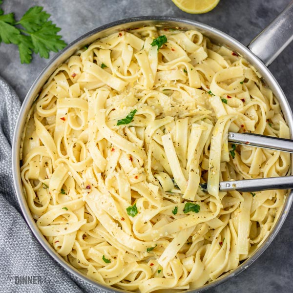 lemon garlic pasta in a skillet.
