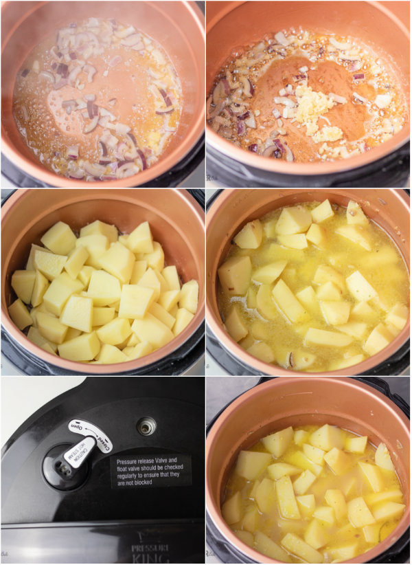 step by step shot how to make potato soup in pressure pot.