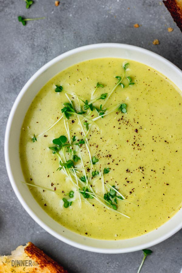 a bowl of pressure cooker creamy broccoli soup without cream.