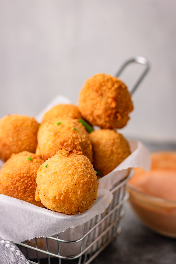 loaded mashed potato balls and spicy mayo dip.