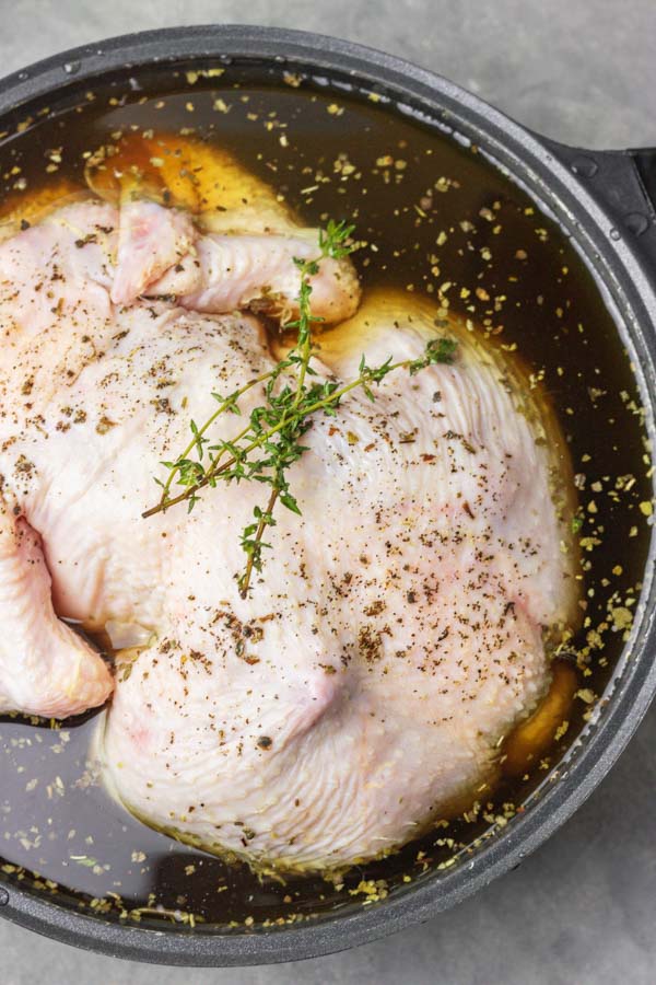 brinning chicken in a pot.
