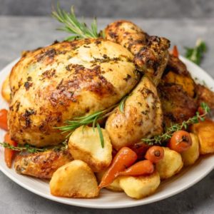 simple roast chicken with roasted potatoes and glazed carrots.