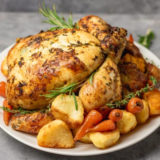 simple roast chicken with roasted potatoes and glazed carrots.