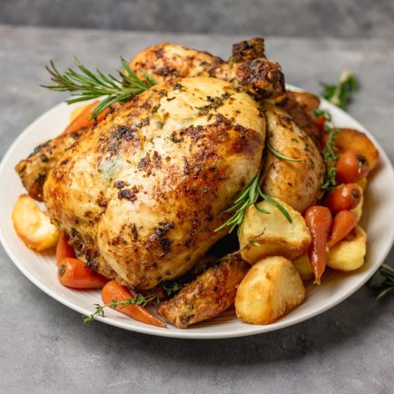 simple roast chicken dressed with glazed carrots and crunchy roast potatoes.