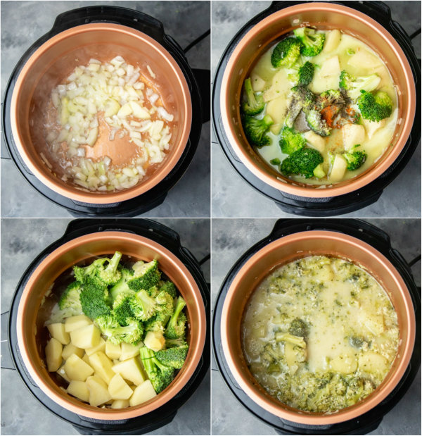 step by step illustration how to make creamy broccoli soup in a pressure cooker or instant pot.