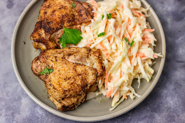 Instant pot chicken thighs and coleslaw.