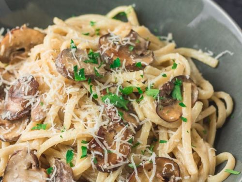 creamy mushroom pasta in a bowl.
