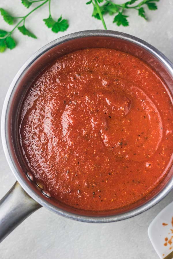 homemade tomato sauce in a saucepan.