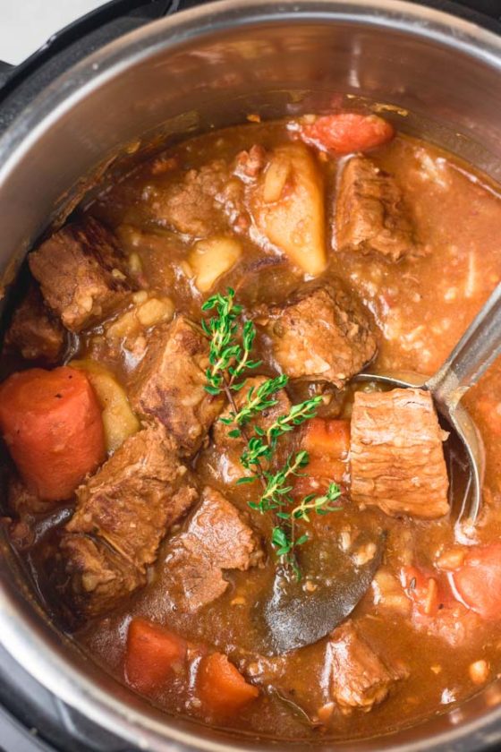 freshly cooked instant pot beef and Guinness stew.