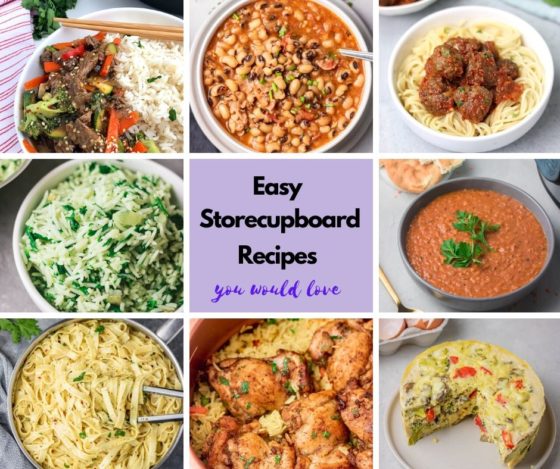 a food collage for easy storecupboard recipes roundup.