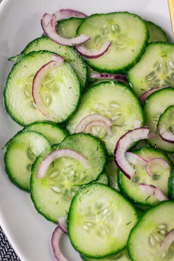 a close shot of cucumber salad.