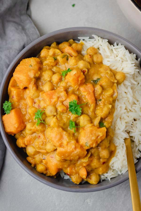 a bowl of chickpea and sweet potato curry.