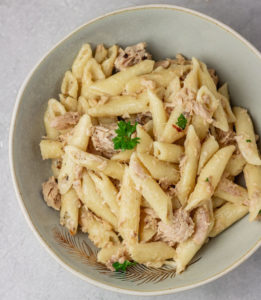 a bowl of canned tuna pasta.