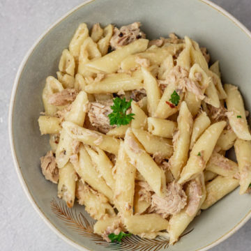 a bowl of canned tuna pasta.
