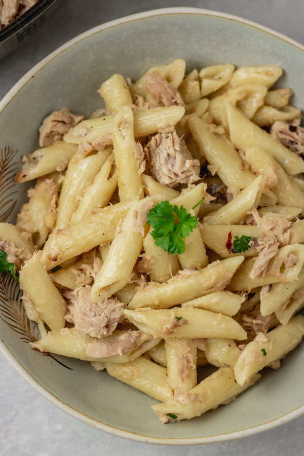 canned tuna pasta in a bowl.