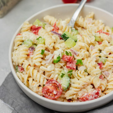 a bowl of pasta salad.
