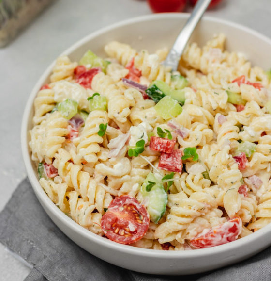 a bowl of pasta salad.