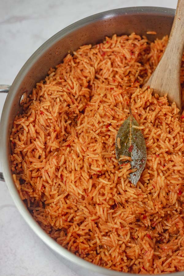 a pot of cooked red rice.