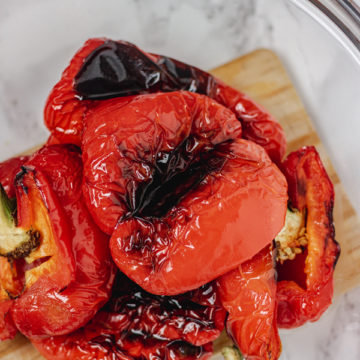 roasted peppers in a glass bowl.