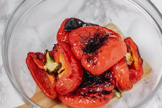 roasted peppers in a bowl.