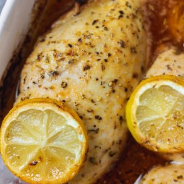 baked chicken breast in a baking dish.