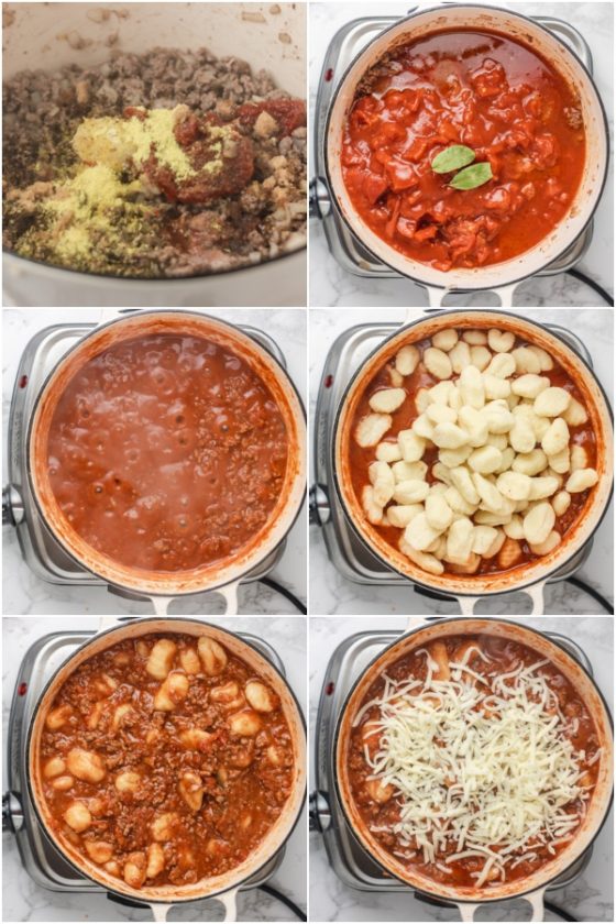 collage showing the process of cooking gnocchi in tomato sauce.