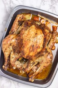 roasted turkey in a pan.