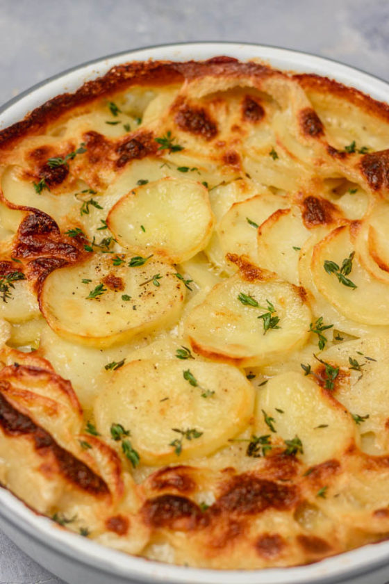 baked potatoes in a pie dish.