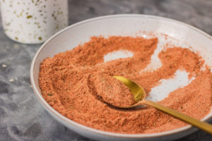 spice mix in a blue plate.
