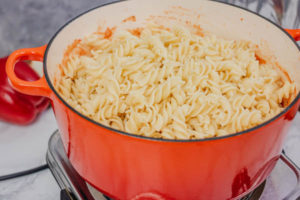 a pot of cooked pasta.