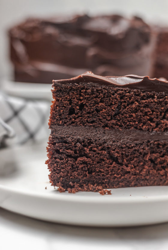 a slice of chocolate cake on a plate.