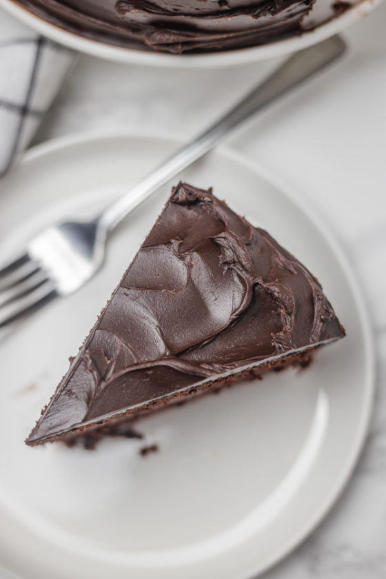 a slice of chocolate cake on a small white plate.