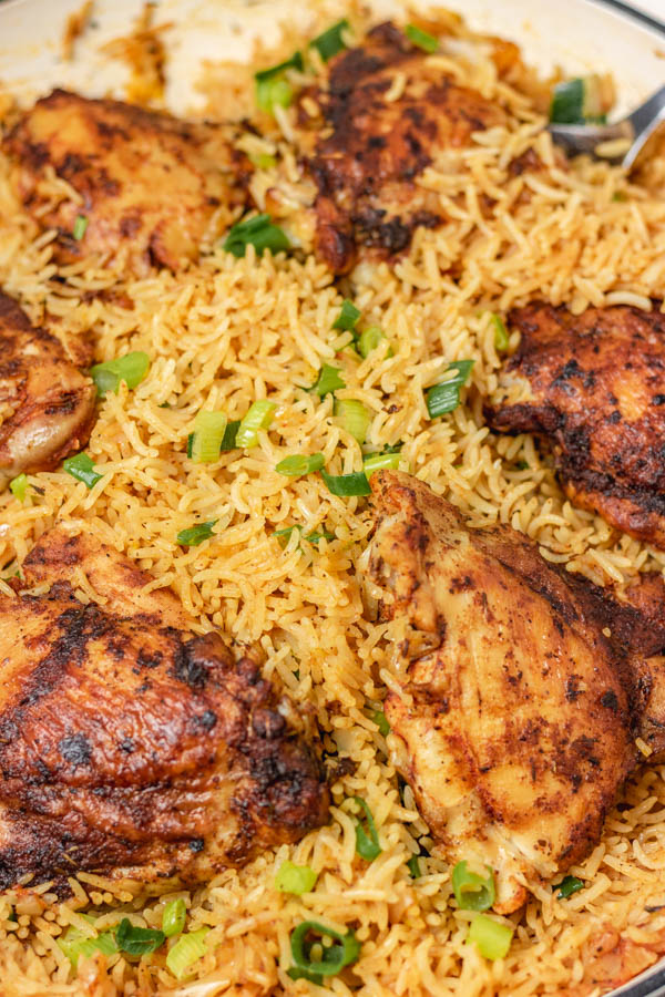a close shot of rice and chicken.