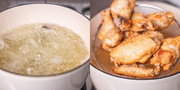 process of frying chicken wings.