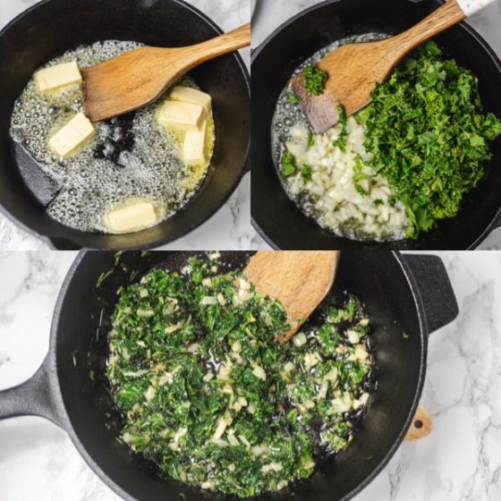 illustration of how to saute kale and onion in butter.