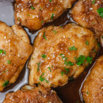 chicken thighs in a sticky sauce.
