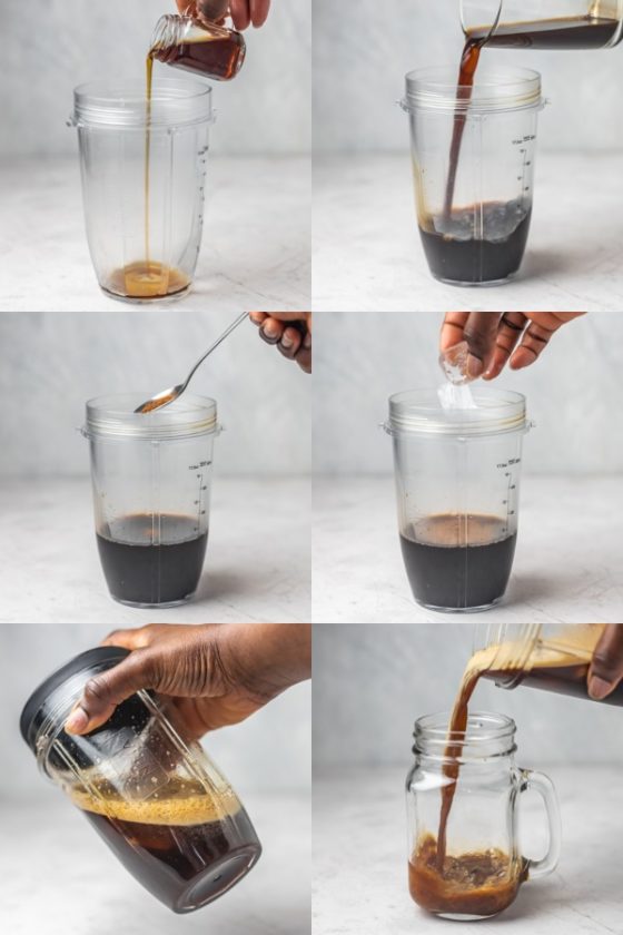 collage of the process of making shaken espresso.
