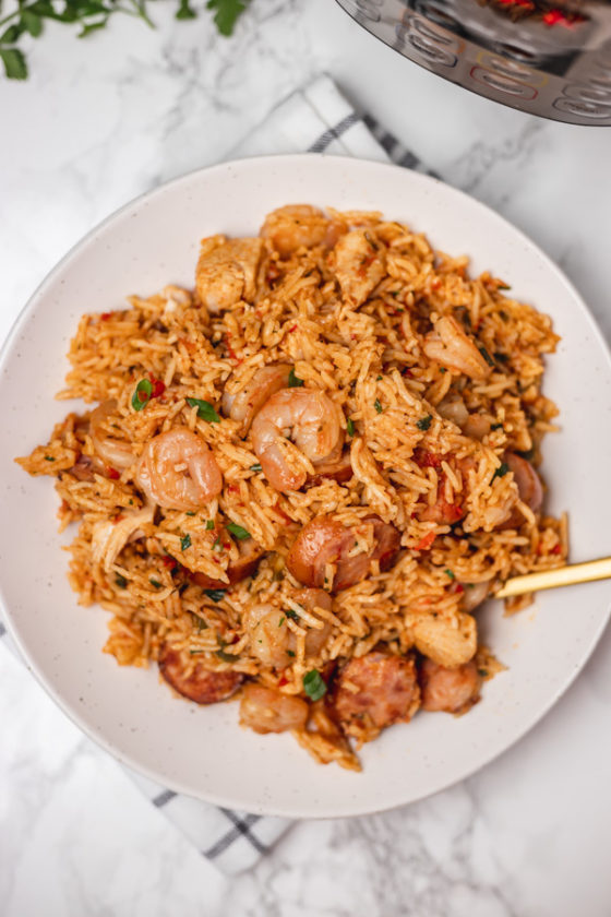 a plate of tomato rice with sausages, shrimps and chicken placed in front of an instant pot.