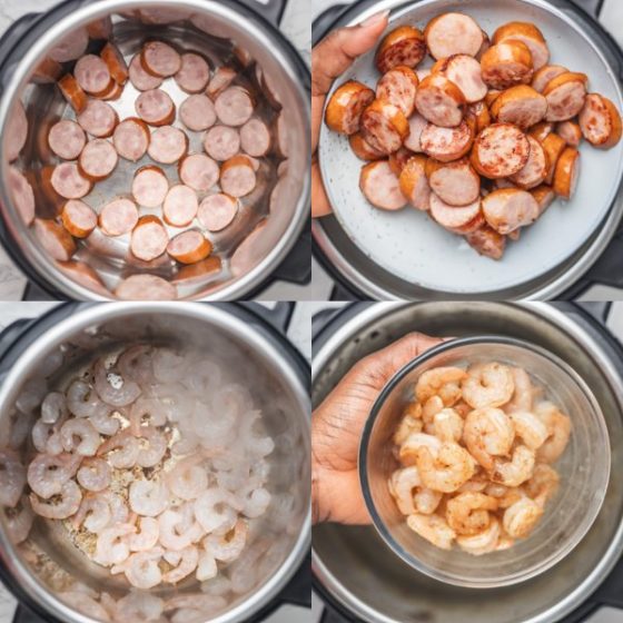 the process of sauteing shrimps and sausages in instant pot.
