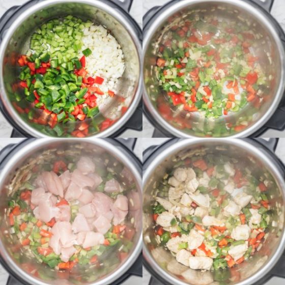 the process of sauteing peppers and chicken in instant pot.