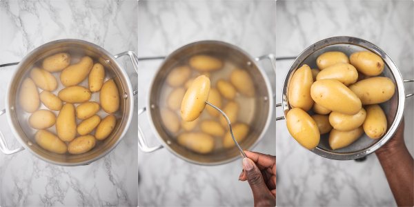 the process shot of boiling baby potatoes until fork-tender.