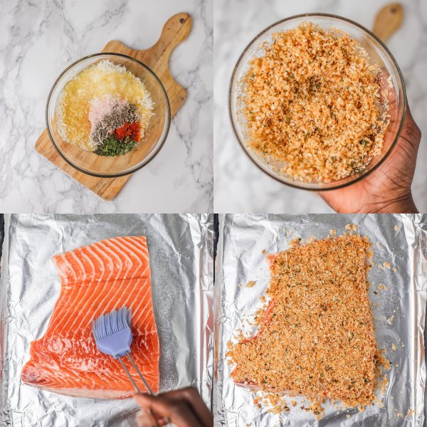 the process shots of making parmesan crusted salmon.