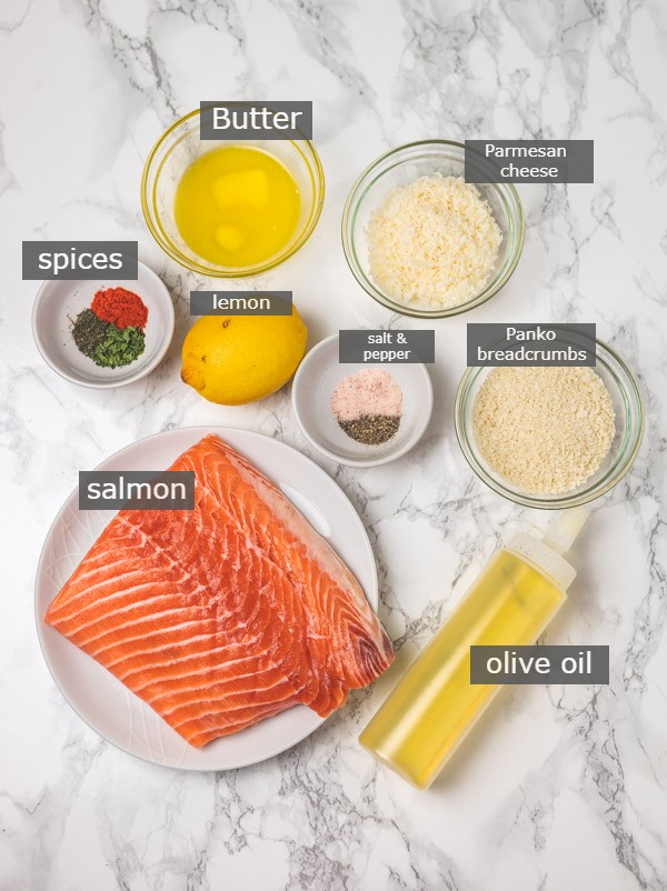 the overhead shot of the ingredients needed to make crusted salmon.