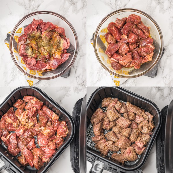 the process of making steak bites in a na air fryer.