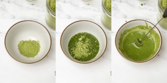 the process of mixing the matcha tea with a milk frother.
