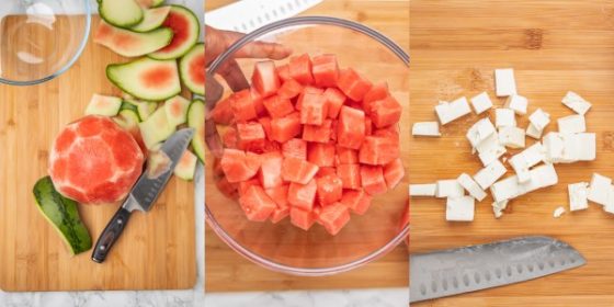 the process shot of cutting watermelon and feta cheese.