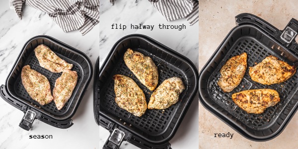 the process chot of cooking frozen chicken breast in the air fryer.